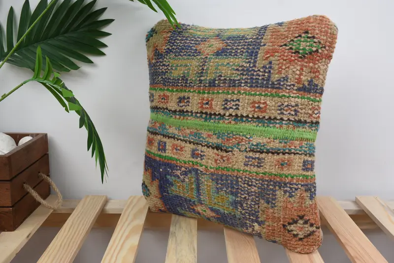 Handmade Kilim Cushion, Turkish Pillow, Anatolian Pillow Case, Antique Pillows, Handwoven Pillow, Pillow Cover, 14x14 Blue Pillow - 5