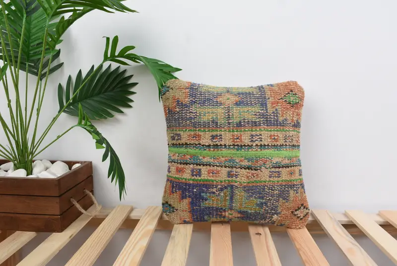 Handmade Kilim Cushion, Turkish Pillow, Anatolian Pillow Case, Antique Pillows, Handwoven Pillow, Pillow Cover, 14x14 Blue Pillow - 1