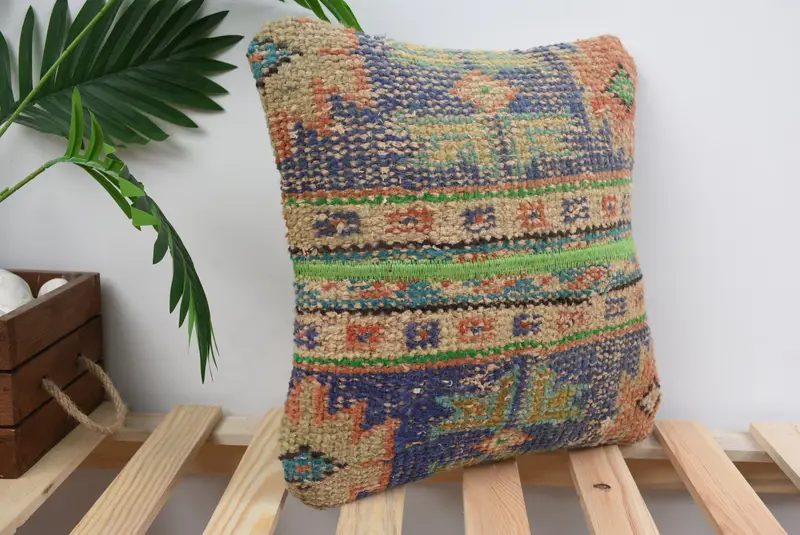 Handmade Kilim Cushion, Turkish Pillow, Anatolian Pillow Case, Antique Pillows, Handwoven Pillow, Pillow Cover, 14x14 Blue Pillow - 4