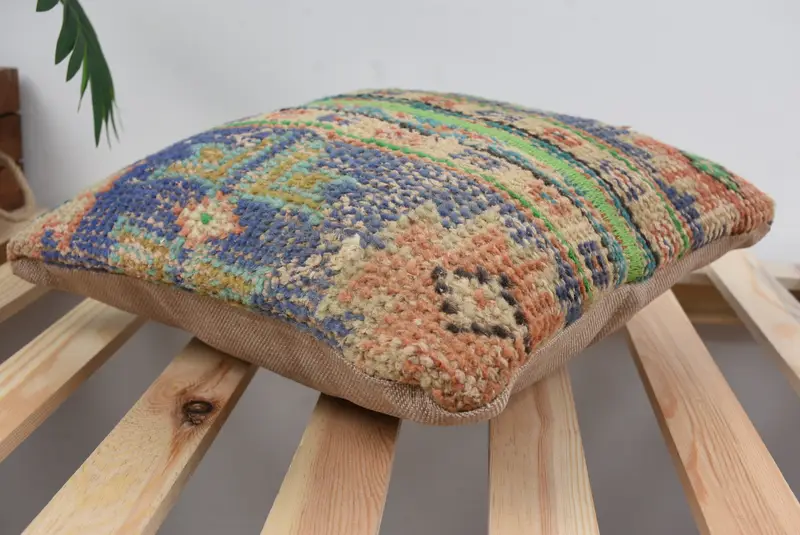 Handmade Kilim Cushion, Turkish Pillow, Anatolian Pillow Case, Antique Pillows, Handwoven Pillow, Pillow Cover, 14x14 Blue Pillow - 6