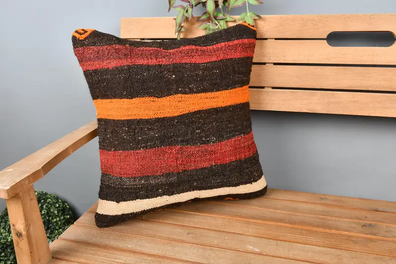 Turkish Pillow, Throw Kilim Pillow, Pillow Case, 18x18 Brown Pillow Sham, Pillow for Sofa, Square Throw Cushion Cover, Oriental Pillow Sham - 1
