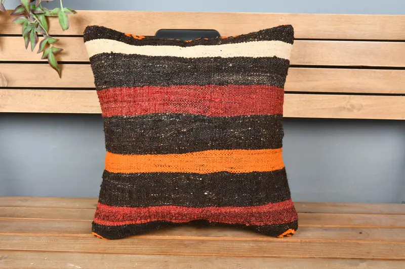 Turkish Pillow, Throw Kilim Pillow, Pillow Case, 18x18 Brown Pillow Sham, Pillow for Sofa, Square Throw Cushion Cover, Oriental Pillow Sham - 6