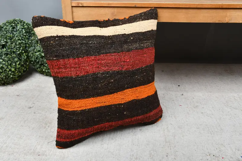 Turkish Pillow, Throw Kilim Pillow, Pillow Case, 18x18 Brown Pillow Sham, Pillow for Sofa, Square Throw Cushion Cover, Oriental Pillow Sham - 7