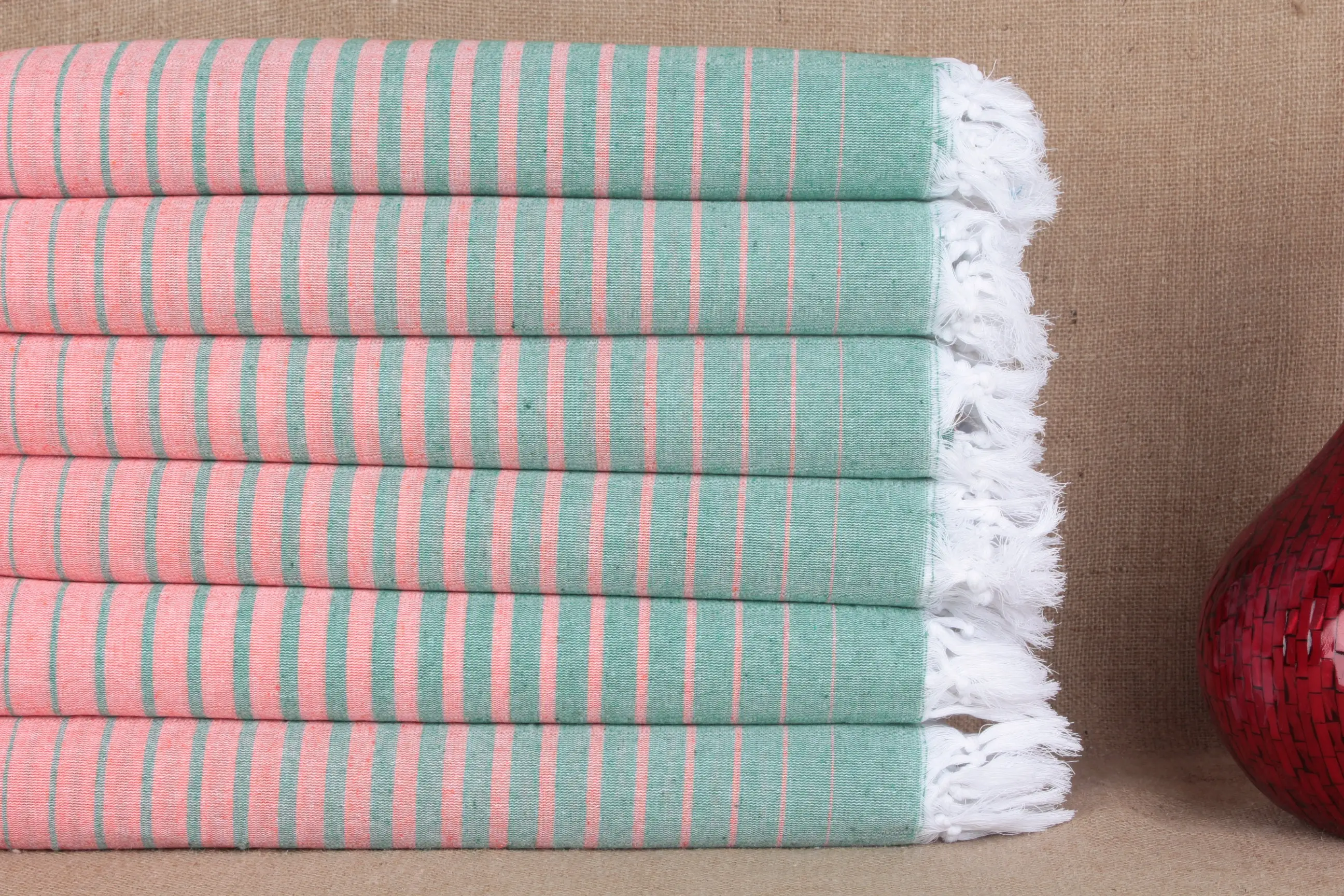 Personalized Turkish Towel Green-Coral Striped, Organic Cotton, 40x69 Inches - 1
