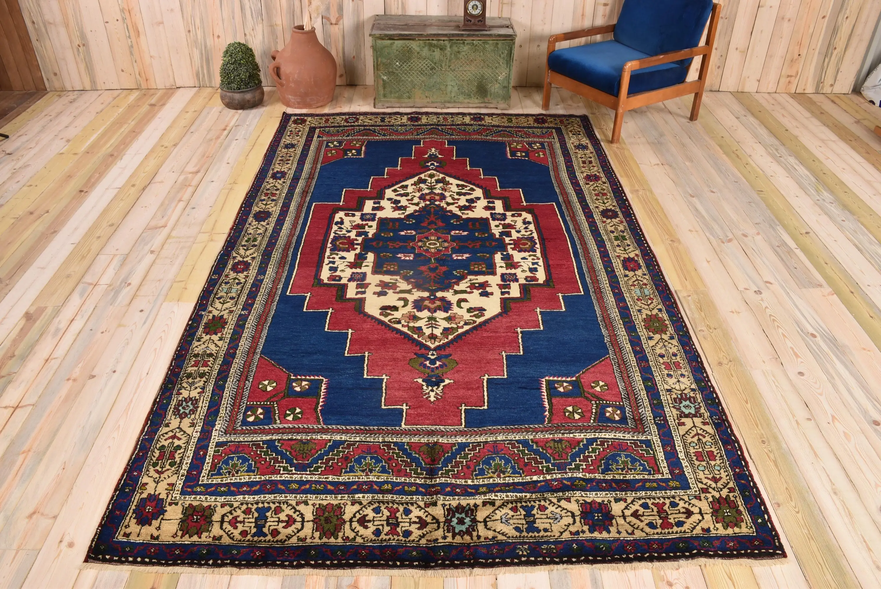 Turkish Vintage Rug 6.4x10.8 ft, Blue Plants & trees Wool Rug - 1