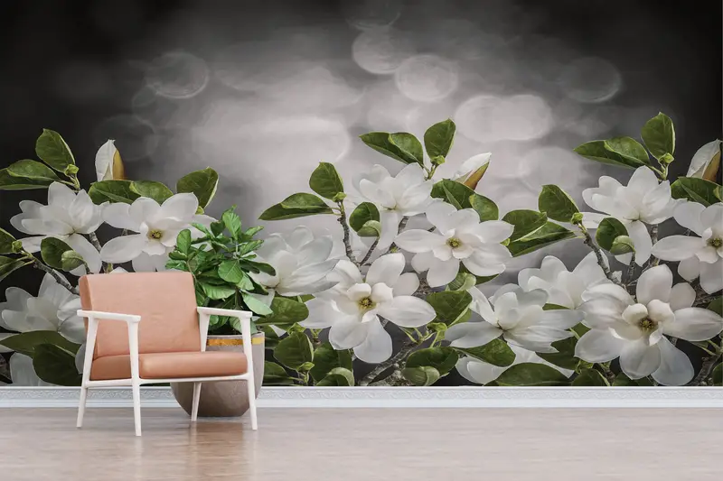 Moderne, mit Magnolienblüten bedruckte Tapete: Weiße, florale Eleganz