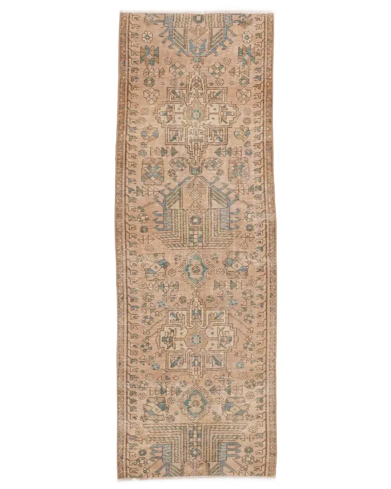 Zarif Bej ve Mavi Halı, 2,5x7,7 ft Botanik Tasarım