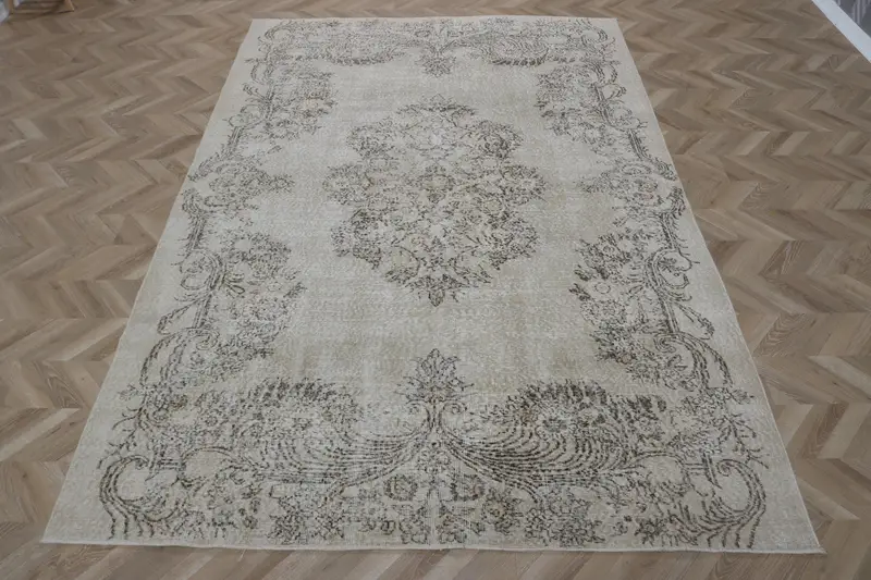 6.8x10.4 ft Vintage Türk Halısı, Büyük Boy Halı, Gri Oushak Patchwork Halı - 1