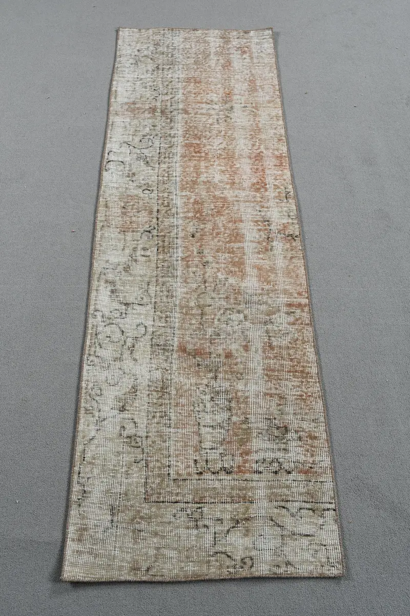 Türk Oushak Halı 2x6.6 ft, Kahverengi Beyaz Patchwork Yün Vintage Halı - 1