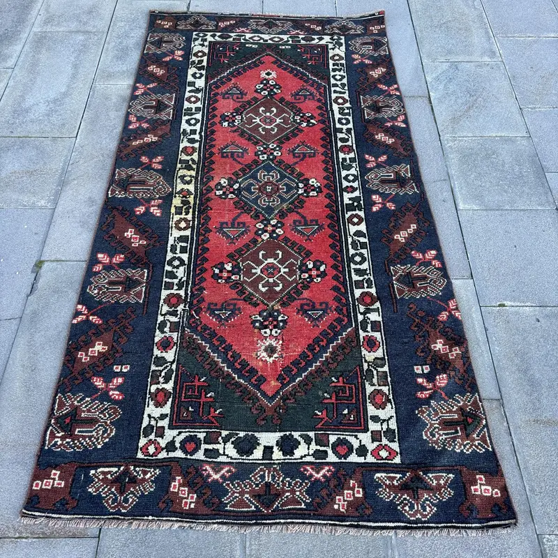 レッド&ブラウンラグ、3.2x6.4フィートストライプ幾何学デザイン