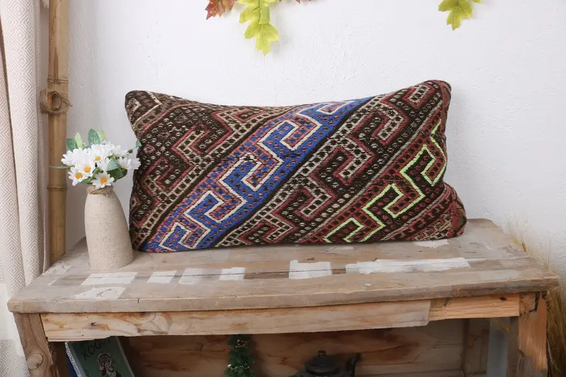 Kilim Pillow Cover, Pillow for Sofa, Ethnical Kilim Rug Pillow, 12x24 Blue Cushion Cover, Turkish Rugs Cushion Case, Cushion - 1