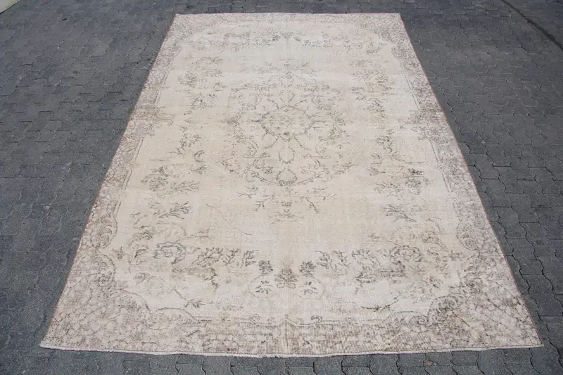 Vintage Oushak Rug 6.9x10.1 ft, Beige Brown Camouflage Wool Turkish Rug - 1