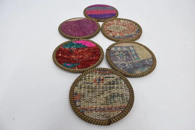 Elegant Pink and Beige Kilim Coaster Set, Unique Ethnic Coasters