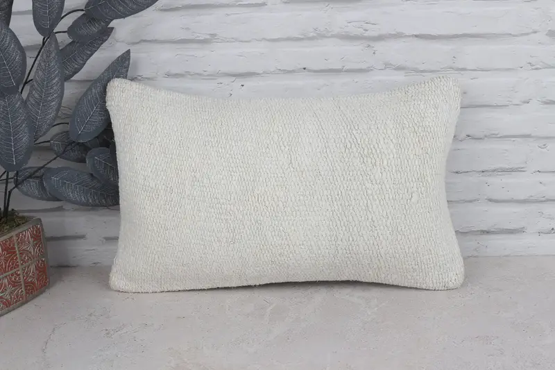 Turkish Kilim Pillow, 12x20 White Pillow Case, Pillow Sham, Aztec Cushion Cover, Boho Pillow, Neutral Throw Cushion Case, Vintage Kilim Throw Pillow - 1