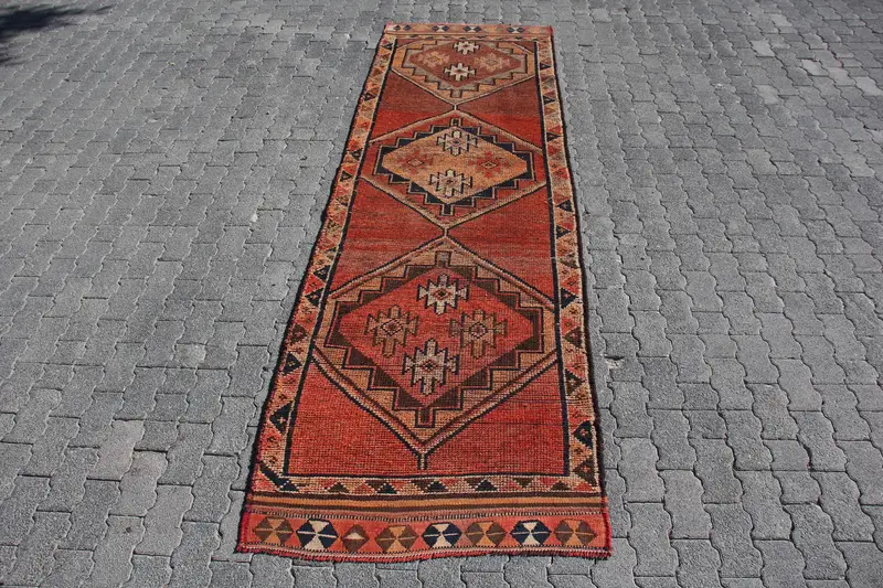 Turkish Vintage Rug, 3.2x10.7 ft Herki Rug, Red Brown Bordered Rug - 1