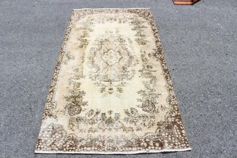 3.6x6.6 ft Vintage Türk Halısı, Accent Halı, Kahverengi Oushak Puantiyeli Halı - 1