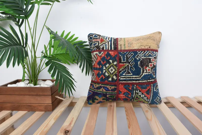 Kilim Pillow Cover, Ethnic Throw Cushion, Pillow for Sofa, 16x16 Blue Pillow Sham, Pillow Sham, Toss Pillow, Boho Pillow Sham Cover - 1