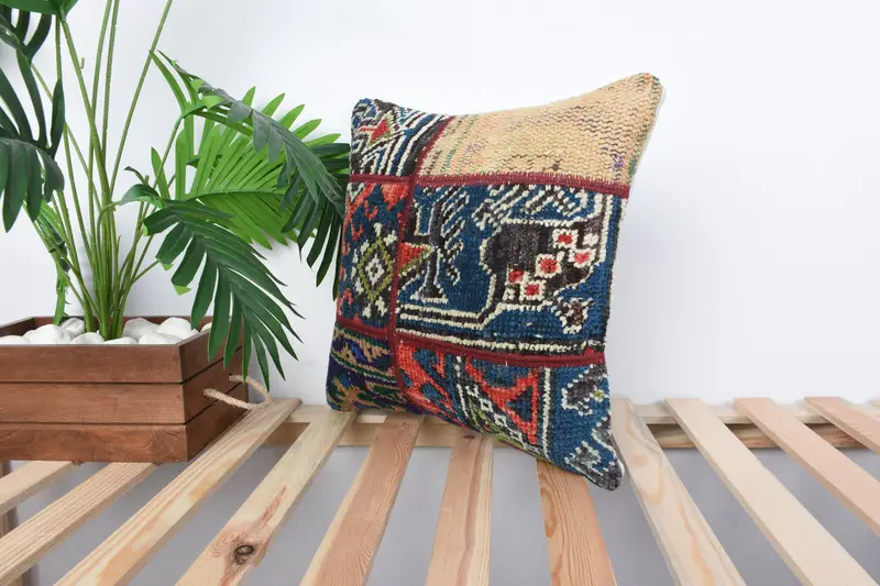 Kilim Pillow Cover, Ethnic Throw Cushion, Pillow for Sofa, 16x16 Blue Pillow Sham, Pillow Sham, Toss Pillow, Boho Pillow Sham Cover - 5
