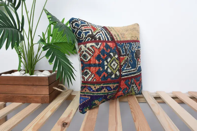Kilim Pillow Cover, Ethnic Throw Cushion, Pillow for Sofa, 16x16 Blue Pillow Sham, Pillow Sham, Toss Pillow, Boho Pillow Sham Cover - 4