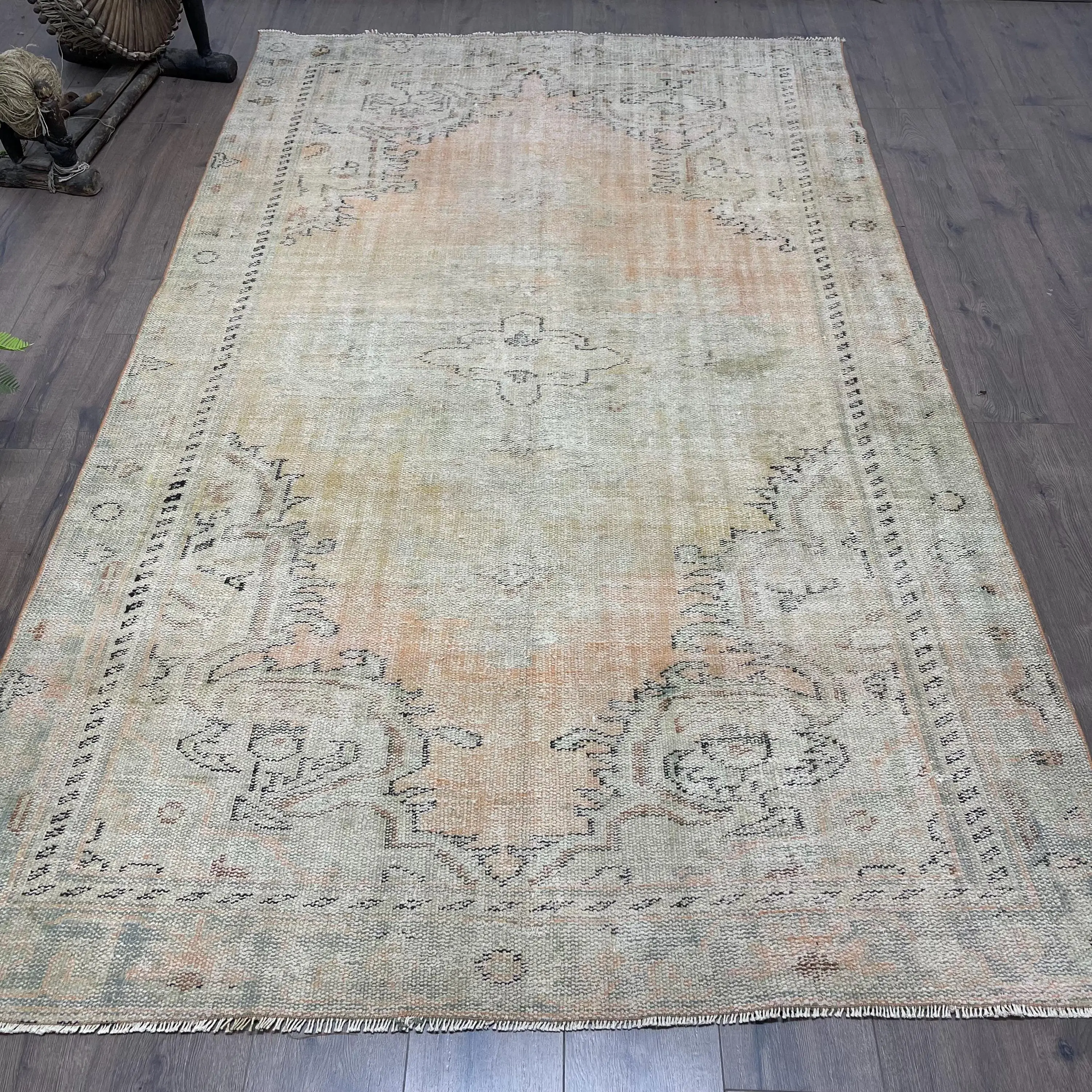 5.3x8.9 ft Büyük Türk Halısı, Vintage Halı, Gri Turuncu İkat Yün Halı - 1