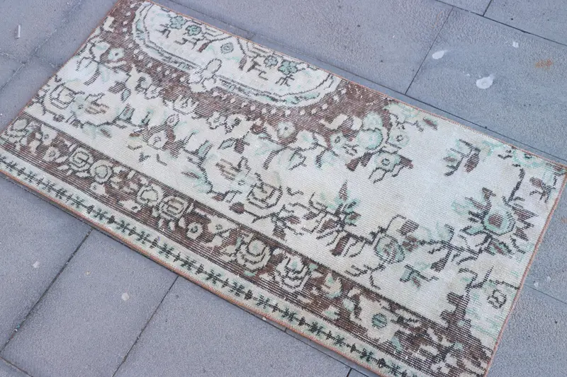 1.9x3.8 ft Small Turkish Rug, Brown Striped Vintage Rug - 1