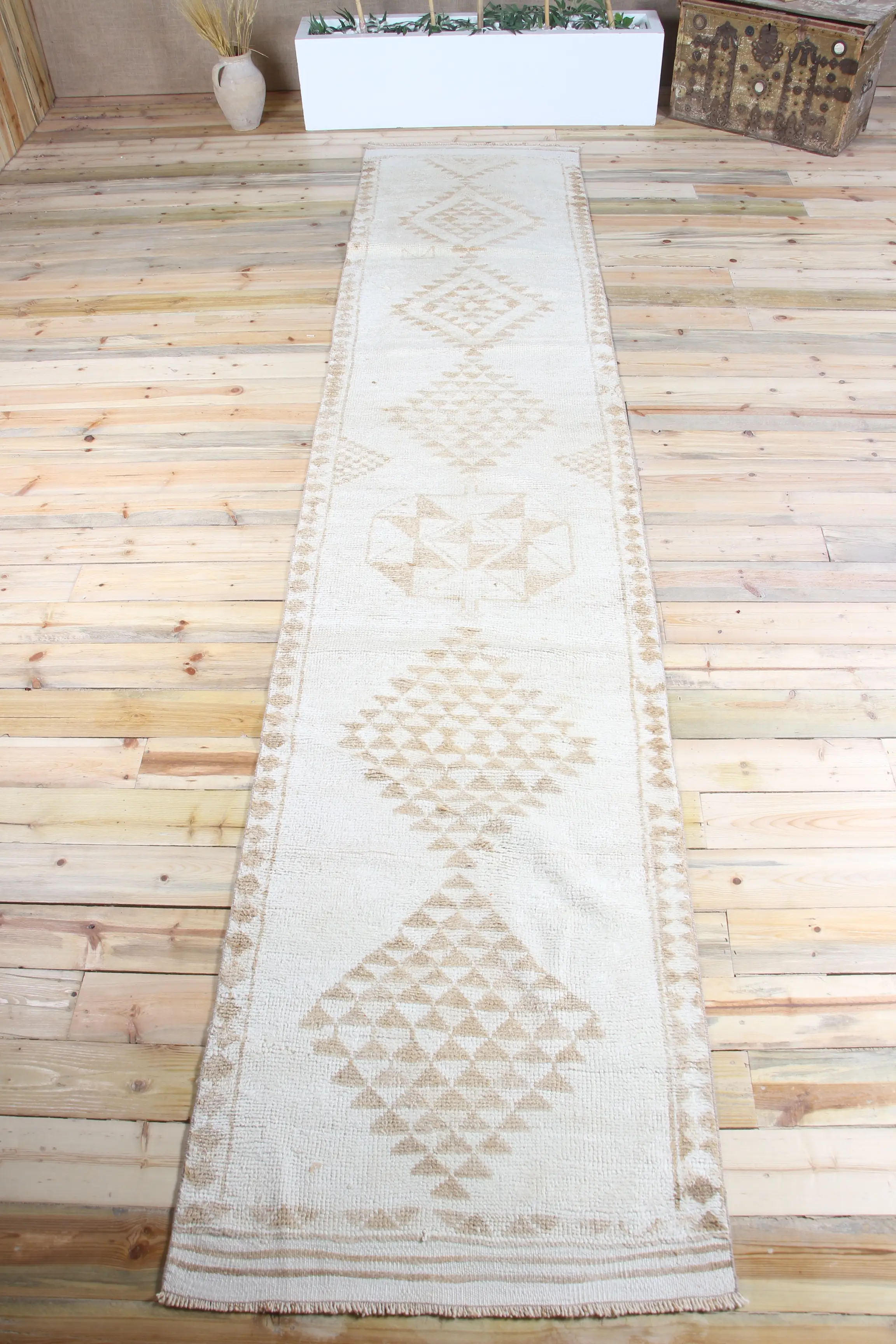 Turkish 3x14.6 ft Rug, Runner Vintage Rug, Beige Geometric Rug - 1
