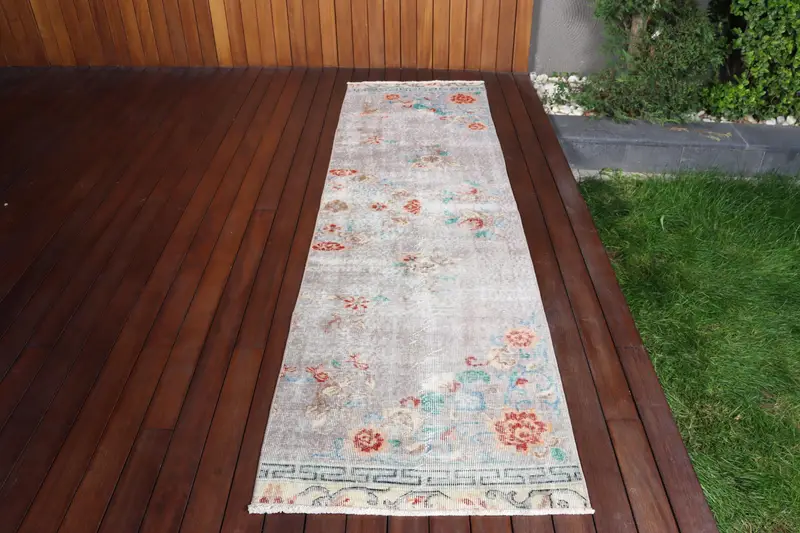 Alfombra turca Runner 2.6x9 ft, alfombra vintage de lana floral gris Oushak - 1