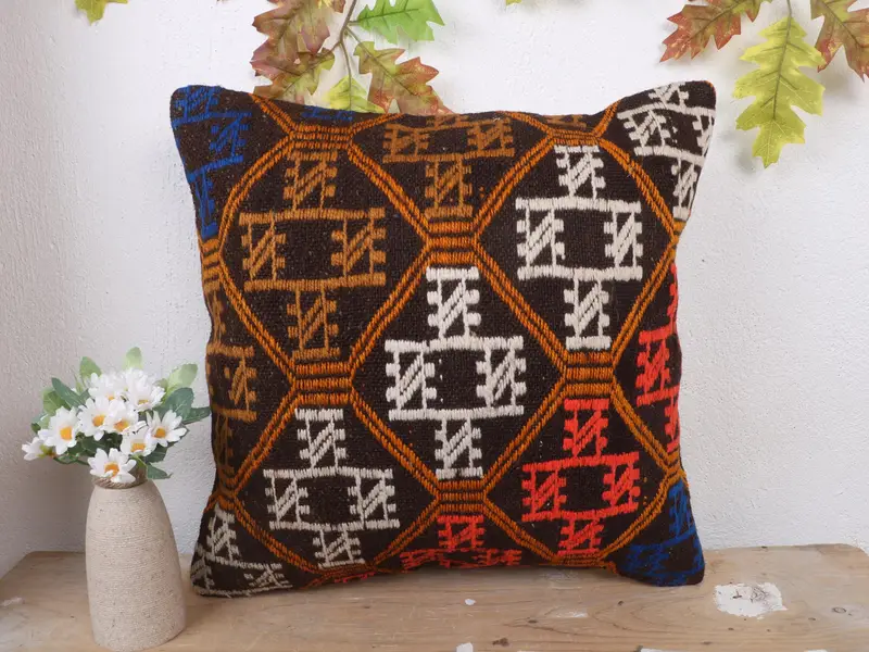 Handgewebtes geometrisches Kissen in Orange und Rosa, Vintage-gesticktes Kissen