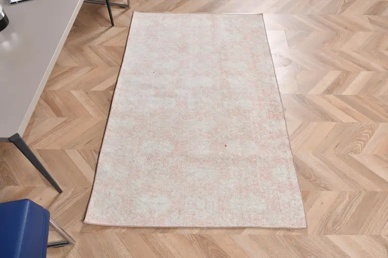 Vintage Small Rug 3x4.9 ft, White Striped Turkish Wool Rug - 1
