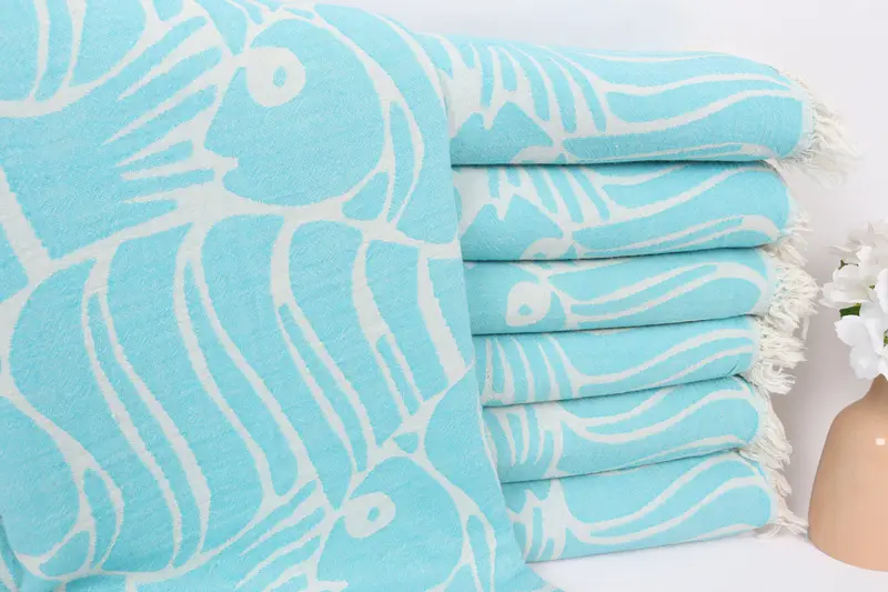 Woven Blanket, Custom Wedding Gifts, Bachelorette Party Favors, Personalized Bridesmaid Gift, Oversized Beach Towel, 70x60 Cotton Fish Design Towel - 1