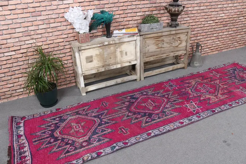 Vintage 2.9x10.7 ft Runner Halı, Türk Halısı, Herki Kırmızı İkat Halı - 1