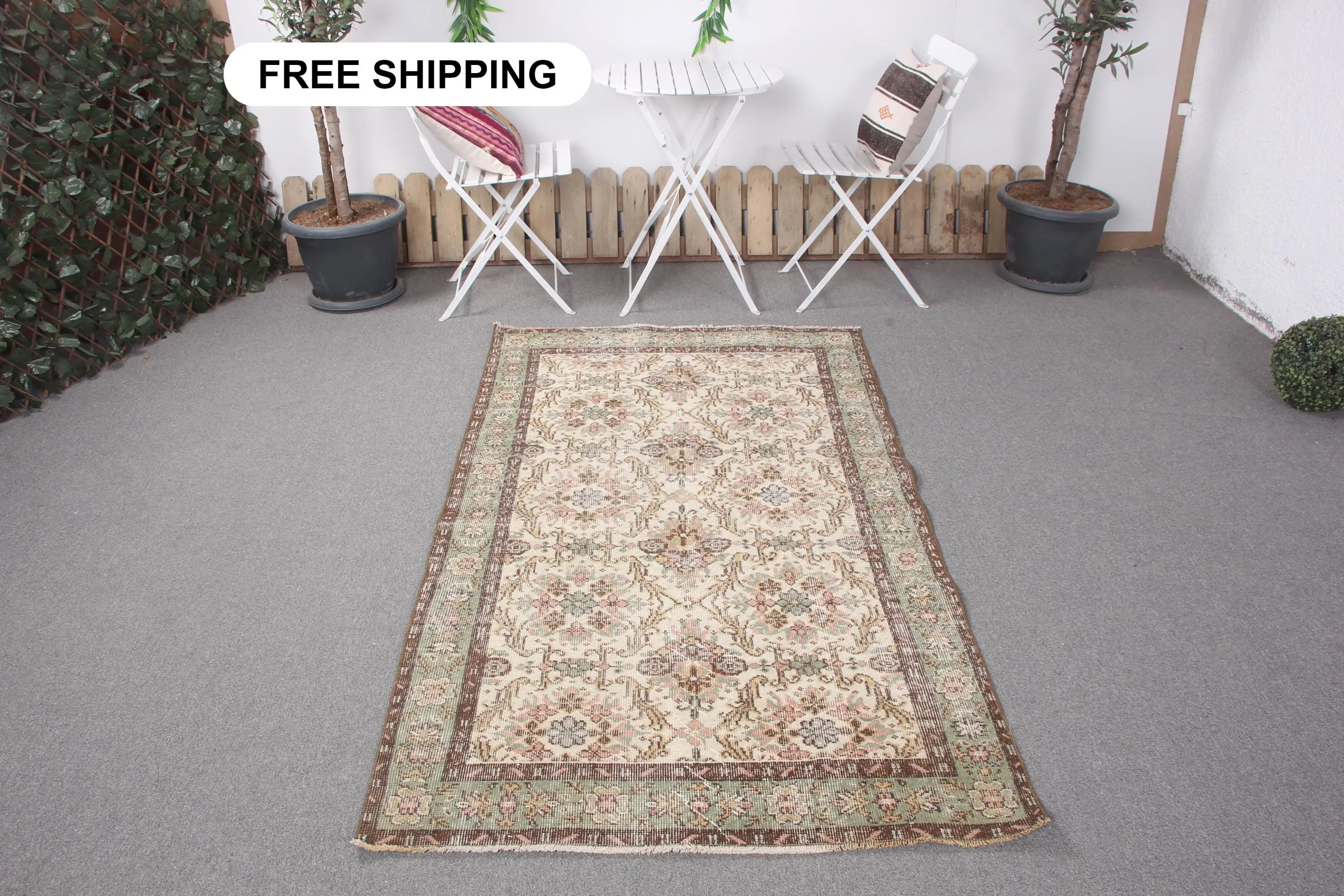 3.6x6.7 ft Area Turkish Rug, Vintage Rug, Brown Green Abstract Wool Rug - 1