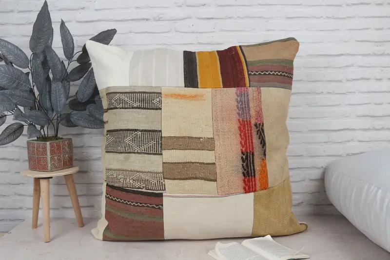 Oriental Pillow, Antique Pillows, Vintage Pillow, Pillow, Outdoor Patio Pillow Case, Boho Pillow, Bright Pillow Cover, 32x32 Beige Cushion - 1