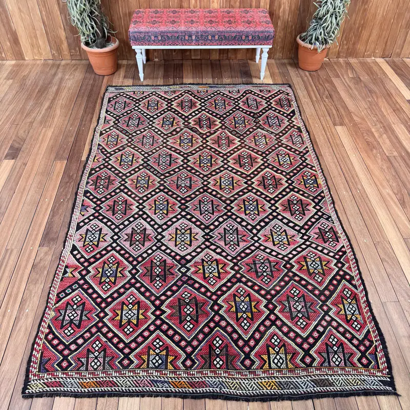 Turkish Vintage Rug 5.4x8.8 ft, Oushak Red Floral Wool Rug - 1