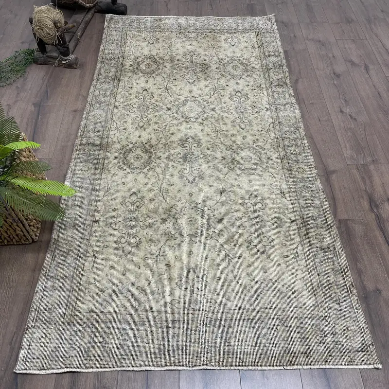 Turkish Area Rug, 3.8x7 ft Vintage Rug, Gray Oushak Wool Rug - 1