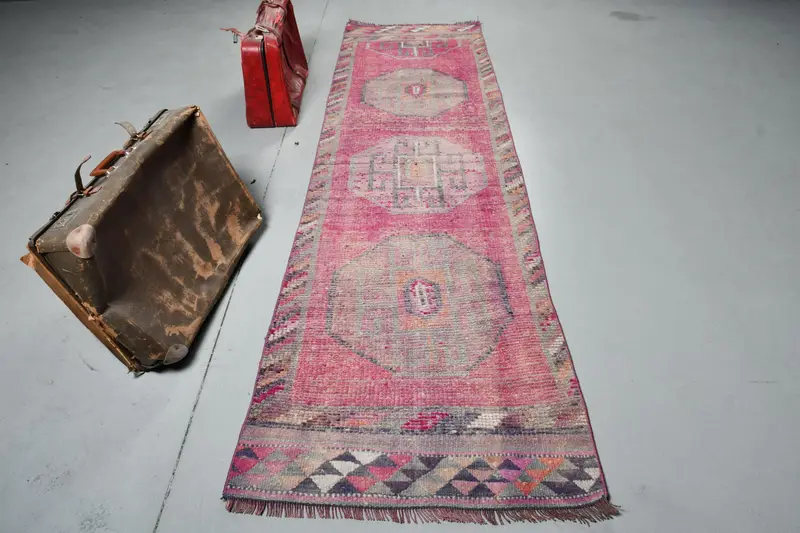Türk 2.7x10.2 ft Runner Halı, Vintage Halı, Herki Kırmızı Bitkiler ve ağaçlar Halı - 1