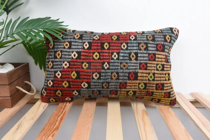 Blue & Red Striped Throw Pillow, Embroidered Vintage Cushion