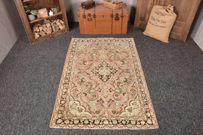 4.3x6.5 ft Turkish Rug, Vintage Area Rug, Brown Floral Wool Rug - 1