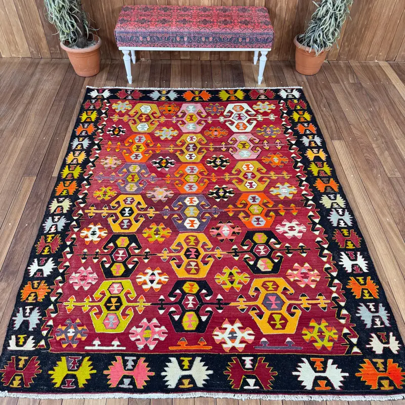 Turkish Vintage Rug, 5.9x7.8 ft Large Rug, Red Yellow Plants & trees Wool Rug - 1