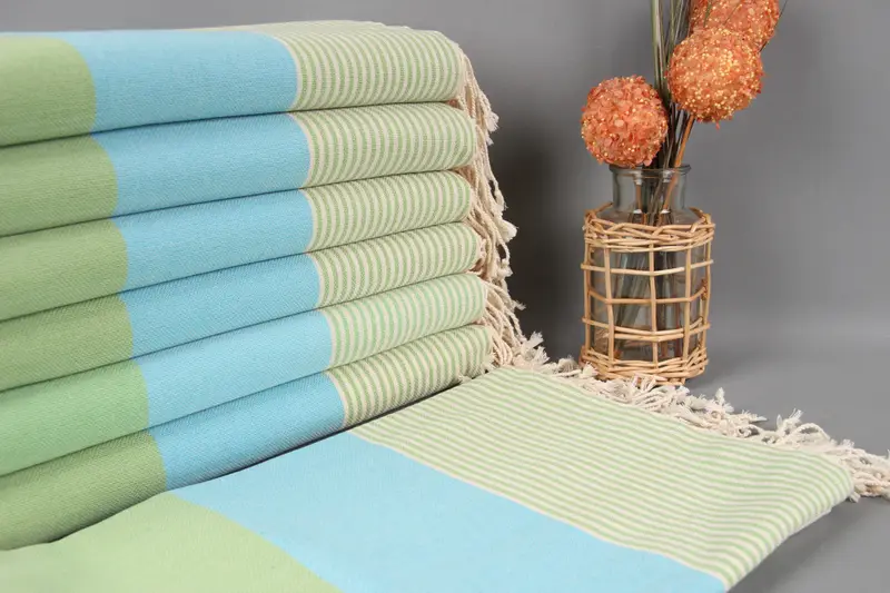 Turkish Beach Towel Turquoise-Light Green Striped, Organic Cotton, 40x69 Inches