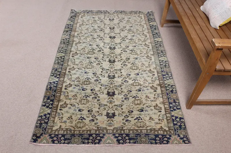 Alfombra Elegante Beige y Azul 1,1x1,8m Floral y Geométrica