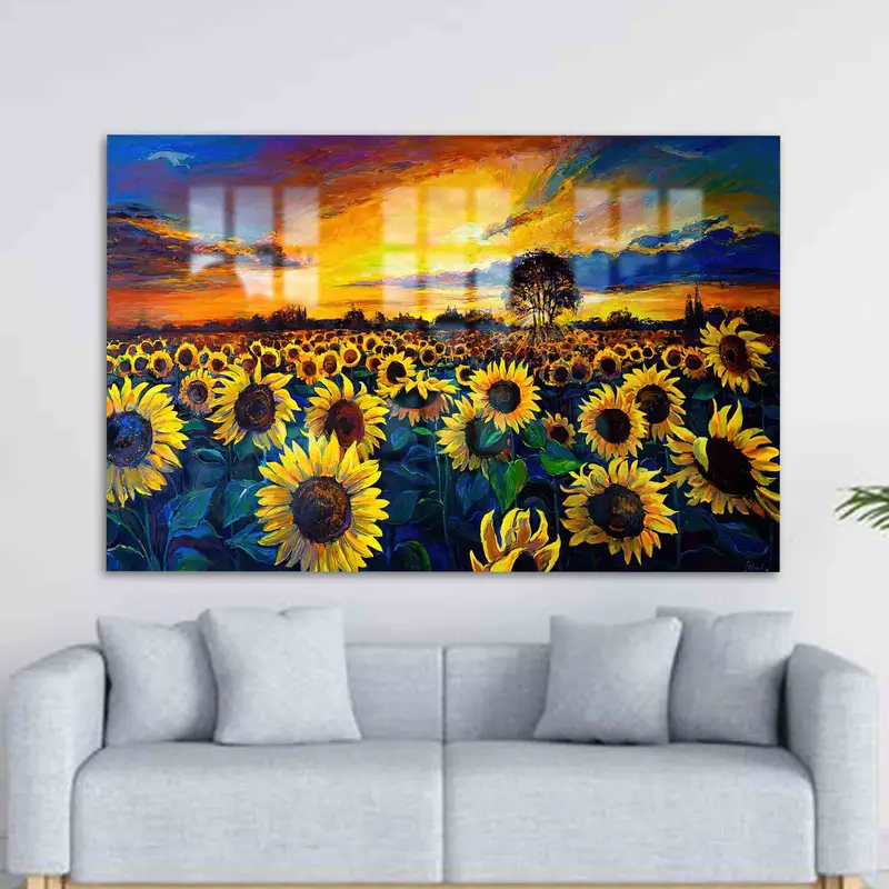 Zarif Baskılı Cam: Ayçiçeği Tarlası Gün Batımı Doğa Manzarası