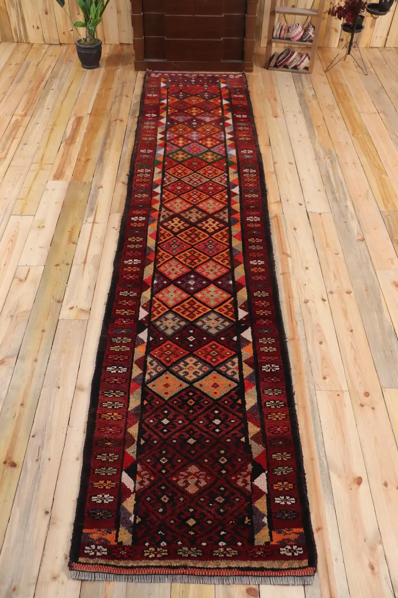 2.7x12.8 ft Halı, Türk Vintage Halısı, Herki Kırmızı Kamuflaj Halı - 1