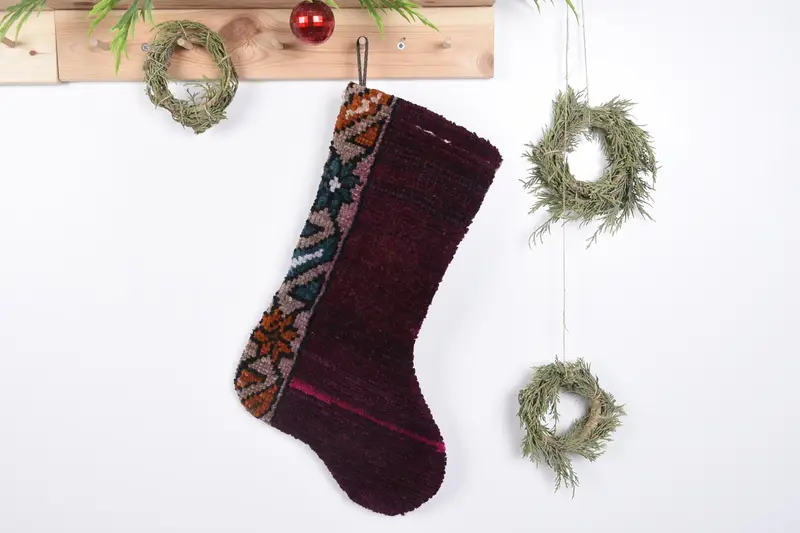 Patrón de adornos navideños, calcetín navideño Kilim de 19 pulgadas de ancho