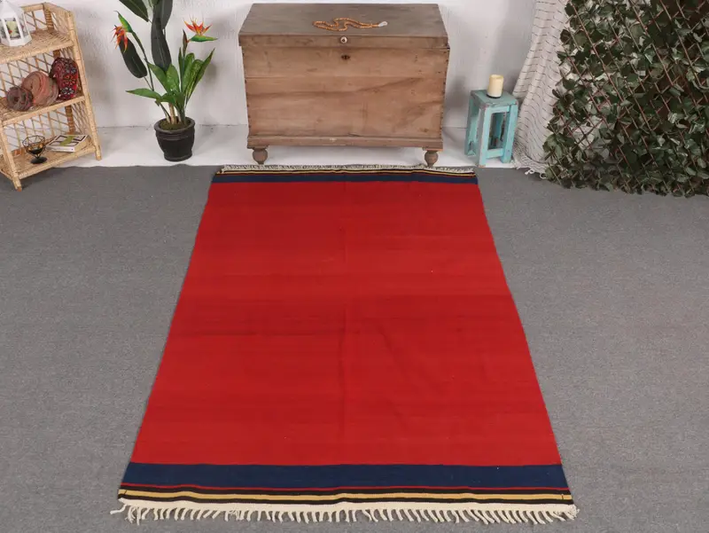 Red & Blue Rug, 4.4x6.6 ft Botanical Design