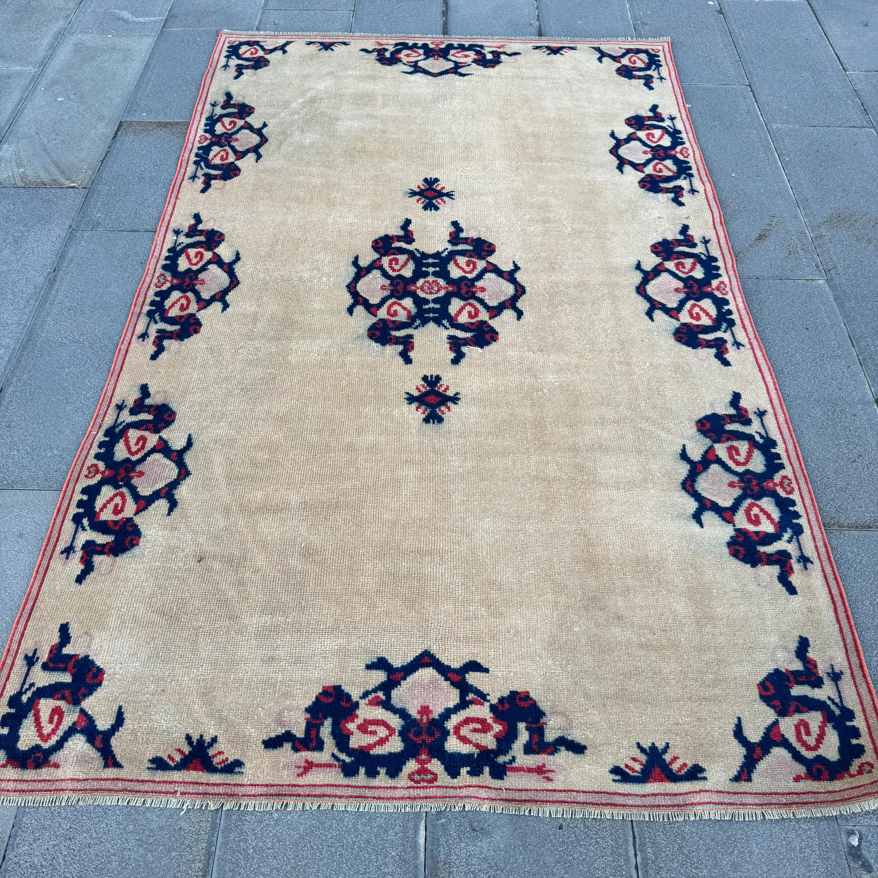 Vintage Area Rug 4.6x7.5 ft (139x228 cm), Turkish Blue Oriental Rug - 1