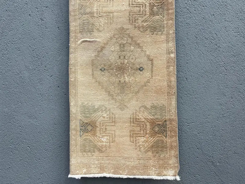 Vintage 1.6x3.2 ft Rug, Small Turkish Rug, Brown Blue Bordered Wool Rug - 1