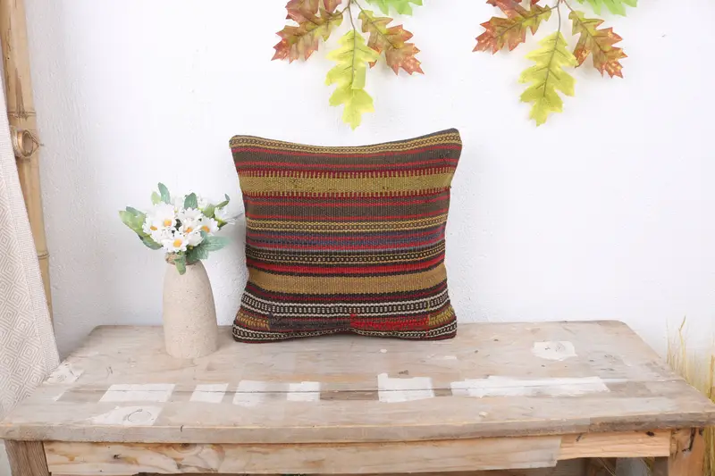 Boho Pillow, Throw Kilim Pillow, Bench Pillow, 12x12 Red Pillow, Bright Cushion, Turkish Pillow, Pillow Cover, Yoga Cushion Case - 1