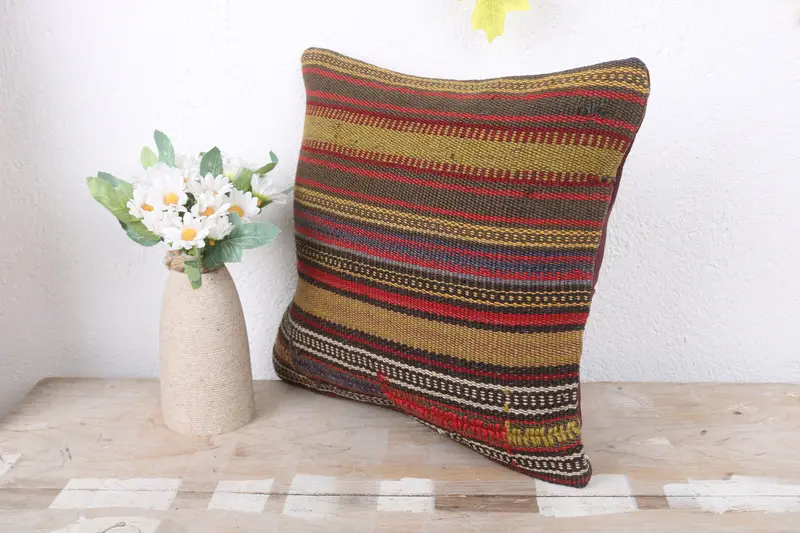 Boho Pillow, Throw Kilim Pillow, Bench Pillow, 12x12 Red Pillow, Bright Cushion, Turkish Pillow, Pillow Cover, Yoga Cushion Case - 4