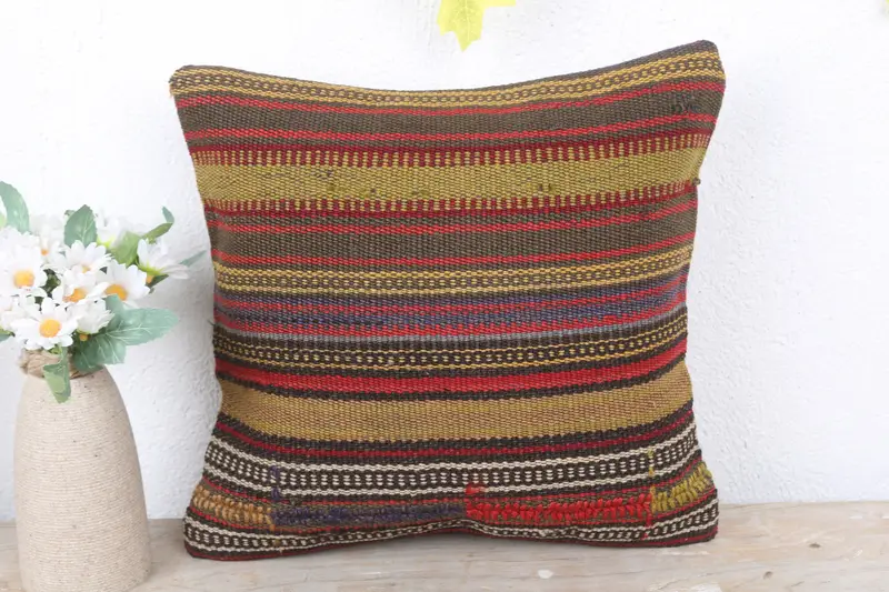 Boho Pillow, Throw Kilim Pillow, Bench Pillow, 12x12 Red Pillow, Bright Cushion, Turkish Pillow, Pillow Cover, Yoga Cushion Case - 2